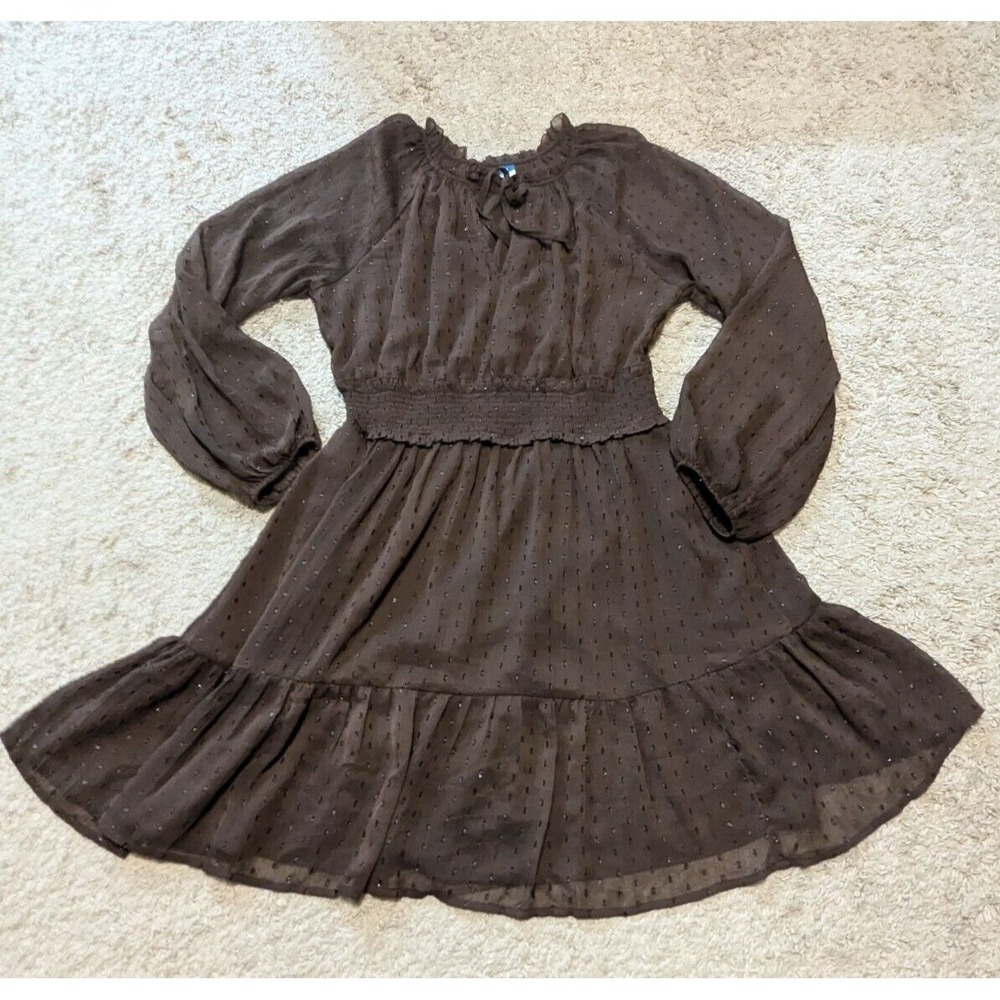 Old Navy Waist Defined Swiss Dot Long Sleeve Shine Mini Dress Sz M Brown Cottage